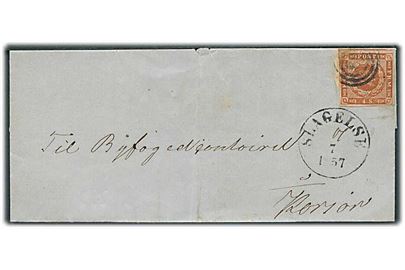 4 sk. 1854 udg. på brev annulleret med svagt nr.stempel 65 og sidestemplet antiqua Slagelse d. x.7.1857 til Korsør.