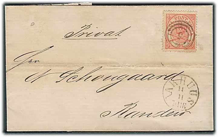 4 sk. Krone/Scepter på brev annulleret med nr.stempel 5 og sidestemplet antiqua Aarhus d. 14.11.1867 til Randers. Påskrevet Privat.