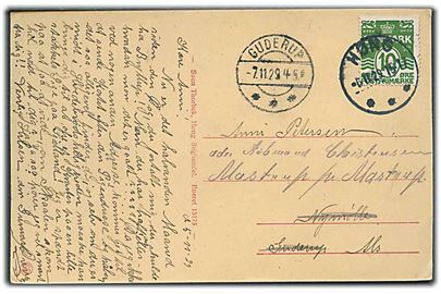 10 øre Bølgelinie på brevkort fra Høng d. 6.11.1929 til Guderup på Als - eftersendt til Mastrup med brotype IIb Guderup d. 7.11.1929.