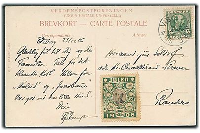 50 øre Chr. IX på brevkort annulleret med lapidar Viborg JB.P.E. d. 23.12.1906 til Randers.