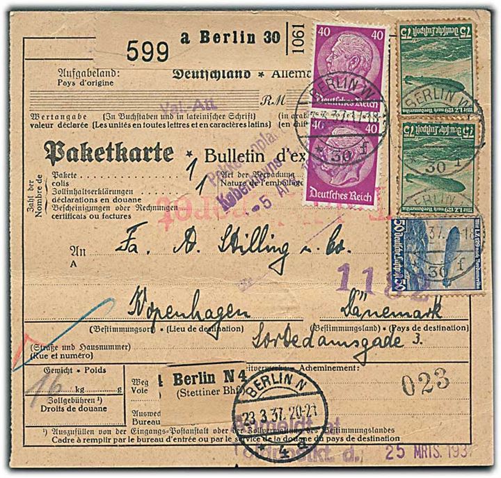 409 pfg. Hindenburg, 50 pfg. og 75 pfg. (8) LZ 129 Nordamerikafahrt på for og bagside af internationalt adressekort for pakke fra Berlin d. 23.3.1937 til København, Danmark.