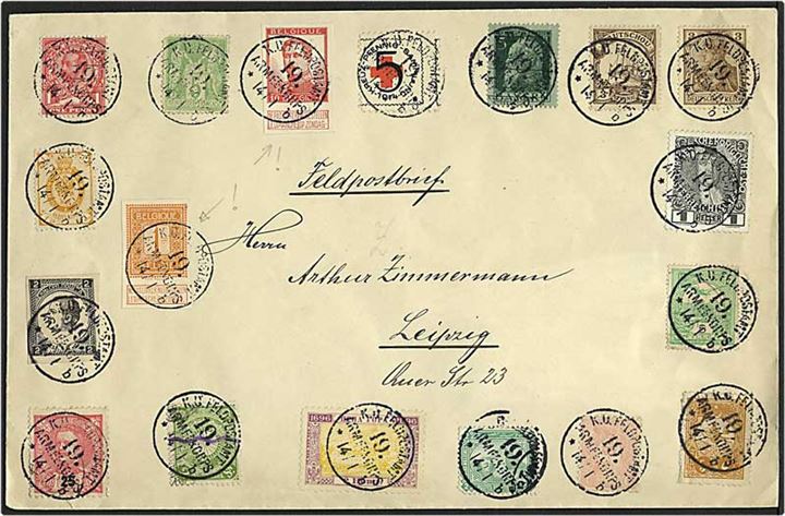 Feltpostbrev med frimærker fra mange lande, bl.a. 2 utakkede mærker fra Belgien, sendt til Leipzig, Tyskland.
