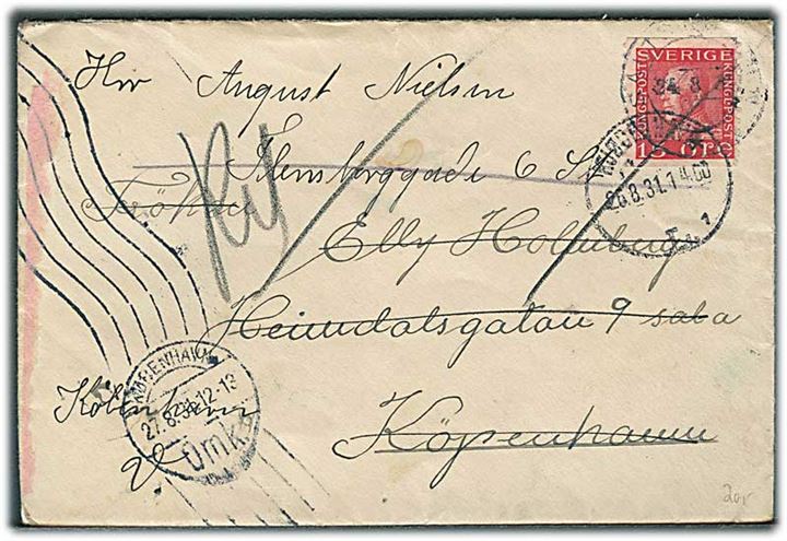 15 öre Gustaf på brev fra sømand ombord på H.M. Dr. Victoria, Kustflottan stemplet Saltsjöbaden d. 24.8.1931 til København, Danmark. Retur som ubekendt.