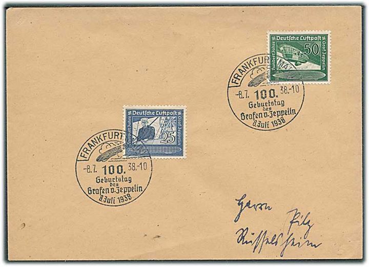 Komplet sæt Graf Zeppelin 100 år på brev annulleret med fødselsdagsbrev fra Frankfurt d. 8.7.1938.