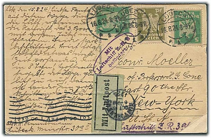 5 pfg. (2) og 40 pfg. Adler på luftpost brevkort fra Lübeck d. 16.8.1924 sendt med luftskib Z.R.3 til New York, USA. Ovalt flyvningsstempel Mit Luftschiff Z.R.3 befördert og ank.stemplet New York d. 5.10.1924. Mindre hjørneskade.