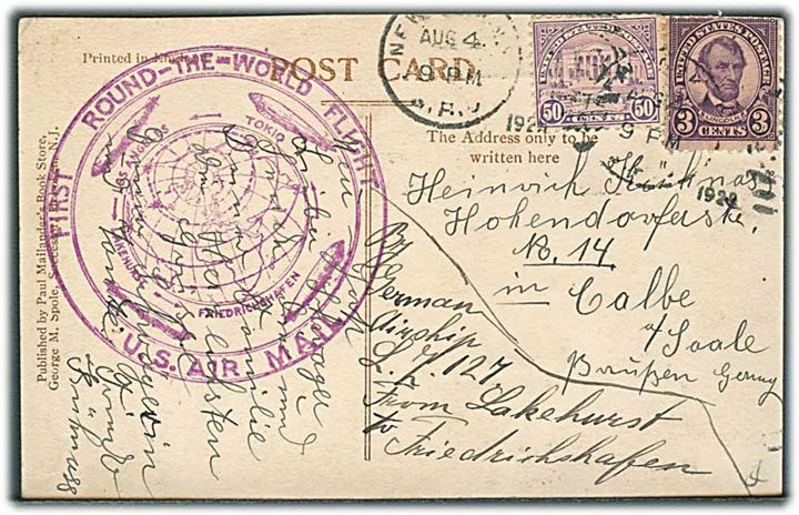 53 cents frankeret luftpost brevkort fra New York d. 4.8.1929 med luftskib Graf Zeppelin fra Lakehurst til Friedrichshafen til Colbe, Tyskland. Stort First Round the World Flight flyvningsstempel.