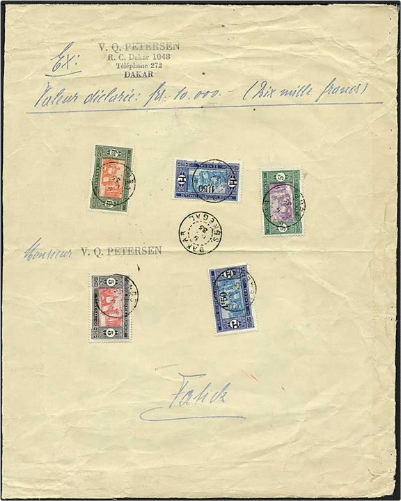 Brevforside af værdibrev fra Dakar, Sendgal, d. 9.x.1933
