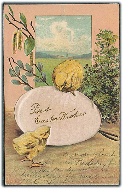 Best Easter Wishes. Påsat æg i stof med kyllinger omkring. Prægekort. P. F. B., serie 6911.  
