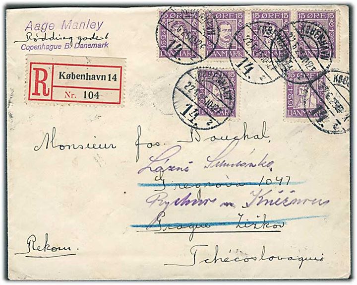 15 øre Chr. IV og Chr. X Postjubilæum (6) i sammentrykt 4-stribe på 90 øre frankeret anbefalet brev fra København d. 22.6.1925 til Prag, Tjekkoslovakiet - eftersendt.