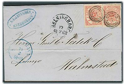 4 sk. Krone/Scepter (2) på 8 sk. frankeret brev annulleret med nr.stempel 1 fra Kjøbenhavn d. 11.2.1868 via Helsingborg til Halmstad, Sverige. 1 mærke med hjørnefold. 