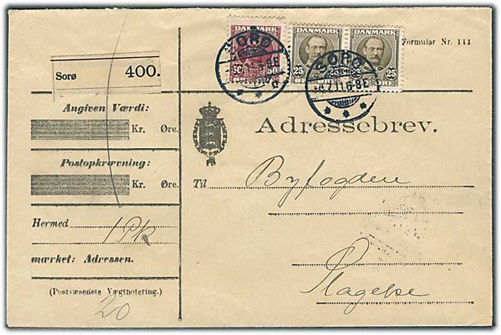 25 øre (par) og 50 øre Fr. VIII på adressebrev for pakke fra Sorø d. 4.7.1911 til Slagelse.