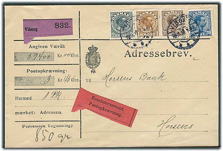 20 øre, 25 øre, 1 kr. og 2 kr. Chr. X på 3,45 kr. frankeret adressebrev for værdipakke med opkrævning fra Viborg d. 10.11.1916 (utydelig) til Horsens.