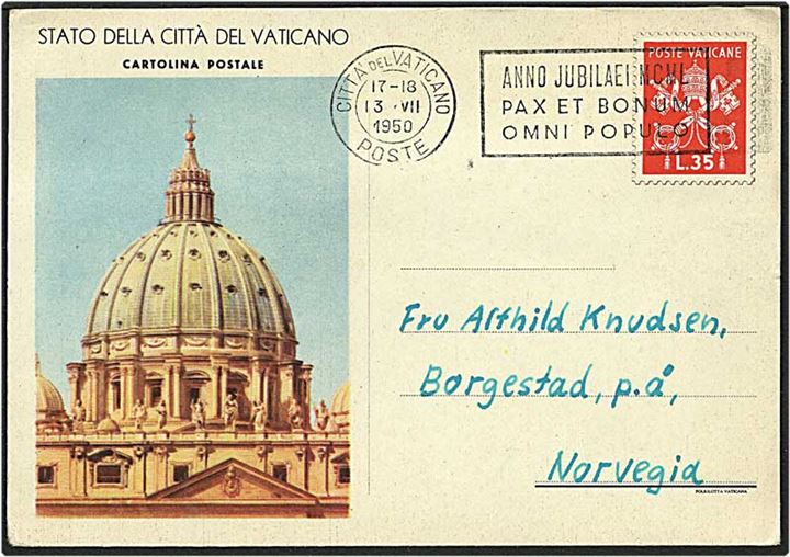 35 lire rød på kort fra Vatikanet d. 13.7.1950 til Borgestad, Norge.
