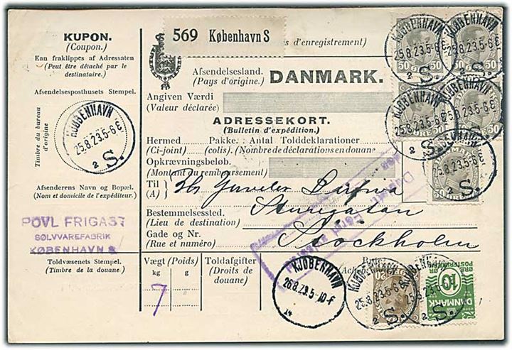 10 øre Bølgelinie, 20 øre og 50 øre (5) Chr. X på 2,80 kr. frankeret internationalt adressekort for pakke fra Kjøbenhavn d. 25.8.1923 til Stockholm, Sverige.