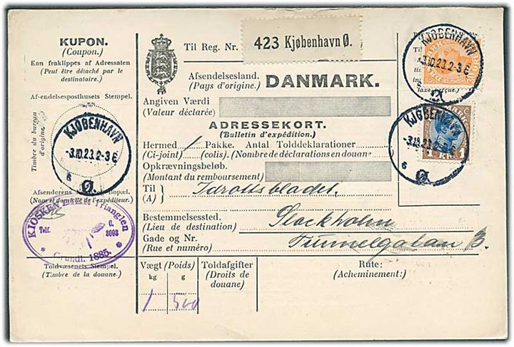 30 øre og 1 kr. Chr. X på internationalt adressekort for pakke fra Kjøbenhavn d. 3.10.1923 til Stockholm, Sverige.