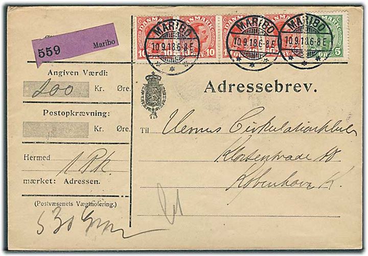 5 øre og 10 øre (4) Chr. X på adressebrev for værdipakke fra Maribo d. 10.9.1918 til Kjøbenhavn. Påskrevet Let.