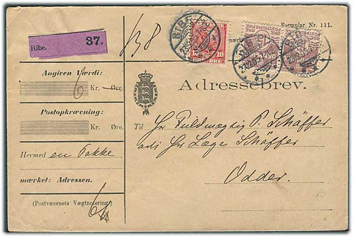 10 øre Chr. IX og 15 øre Bølgelinie i parstykke på adressebrev for værdipakke fra Ribe d. 23.12.1905 til Odder.