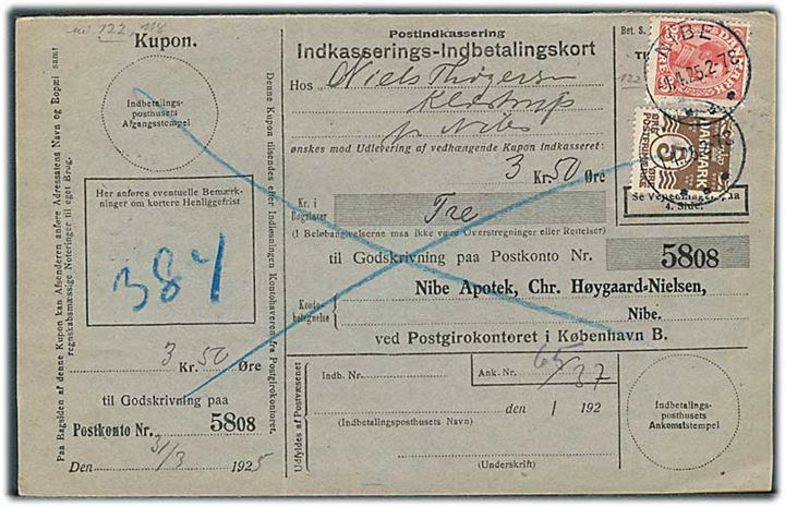 5 øre Bølgelinie og 25 øre Chr. X på retur lokal Indkasserings-Indbetalingskort i Nibe d. 1.4.1925.