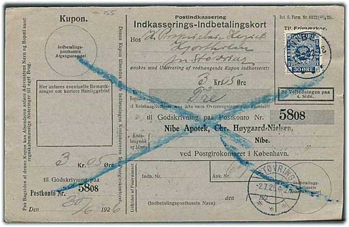 30 øre Frimærkejubilæum på retur Indkasserings-Indbetalingskort fra Nibe d. 1.7.1925 til Støvring.