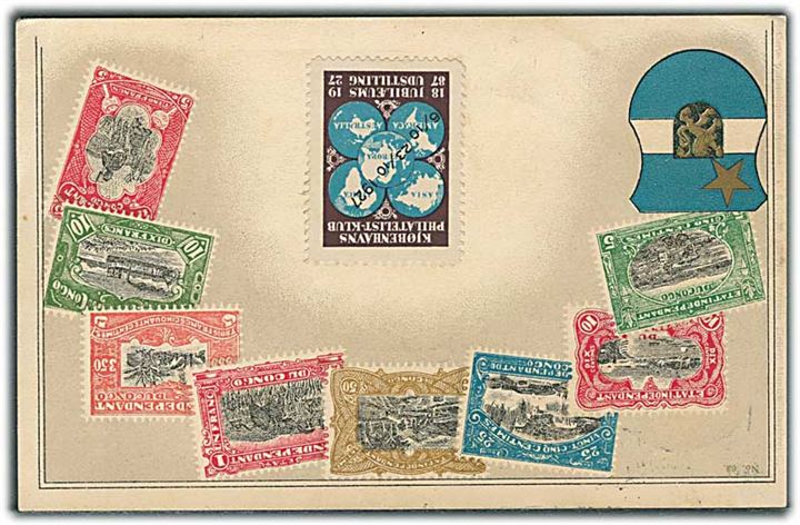 7/20 øre Provisorium på lokalt brevkort (Frimærker fra Belgisk Congo) annulleret med særstempel Kjøbenhavns Philatelist-Klub 1887-1927. På bagsiden mærkat fra KPK jubilæum i 1927.