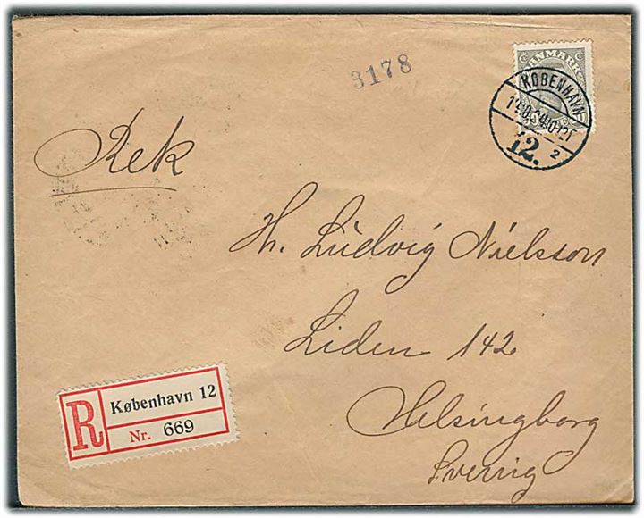 50 øre Chr. X single på anbefalet brev fra København d. 14.10.1924 til Helsingborg, Sverige.