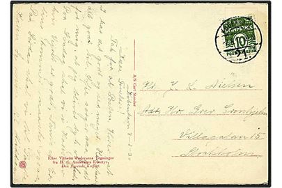 10 øre grøn bølgelinie automatskåret på postkort fra København d. 7.8.1930 til Stockholm, Sverige.
