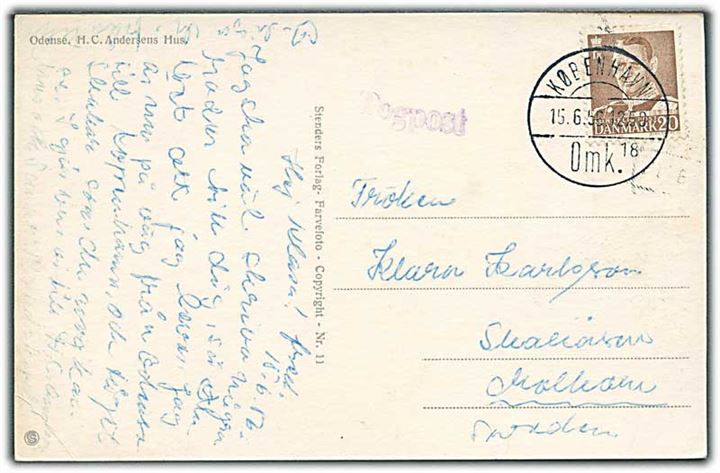 20 øre Fr. IX på brevkort fra Odense stemplet København Omk d. 15.6.1956 og sidestemplet Togpost til Sverige.