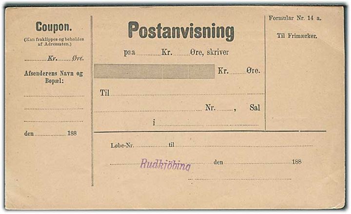 Postanvisning formular Nr. 14 a. fra Rudkjøbing i 1880'erne. Ubrugt.