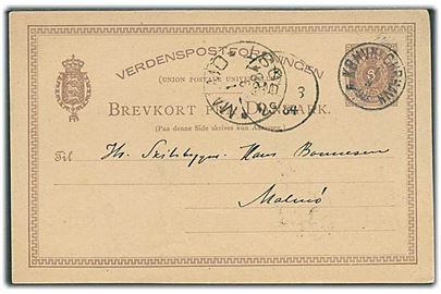 6 øre helsagsbrevkort annulleret med lapidar Kbhvn. Chrhavn d. 1.9.1884 til Malmö, Sverige.