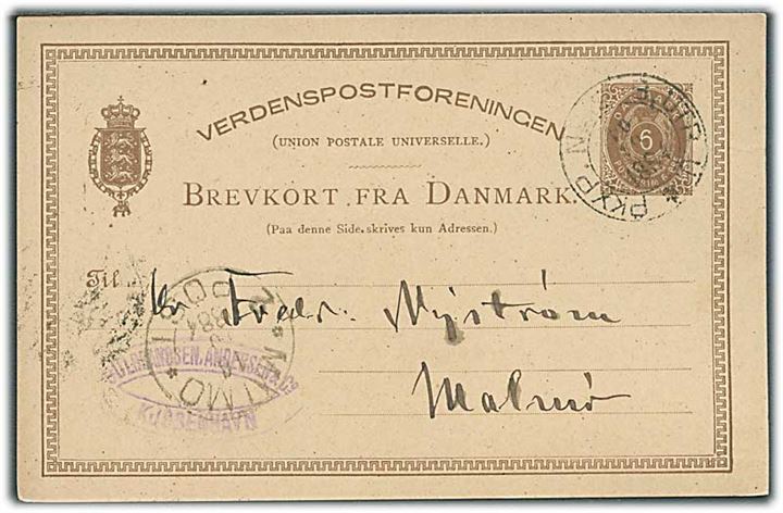 6 øre helsagsbrevkort fra København annulleret med svensk bureaustempel PKXP No. 2 B UTR. U. d. 16.10.1884 til Malmö, Sverige.