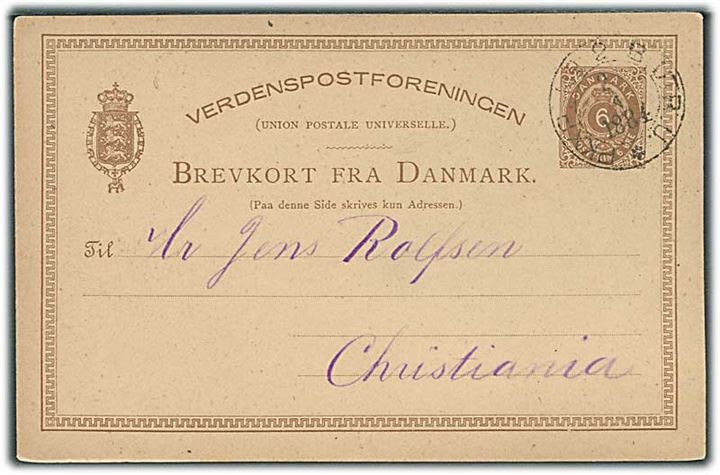6 øre helsagsbrevkort fra København annulleret med svensk bureaustempel PKXP No. 2 B UTR. U. d. 2.4.1884 til Christiania, Norge.