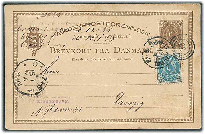 6 øre helsagsbrevkort opfrankeret med 4 øre Tofarvet fra København annulleret med kombineret nr.stempel 86/Sjæll. JB.PKT. d. 13.1.1886 til Danzig, Tyskland.