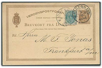 6 øre helsagsbrevkort opfrankeret med 4 øre Tofarvet fra Kjøbenhavn d. 5.12.1887 til Frankfurt, Tyskland.