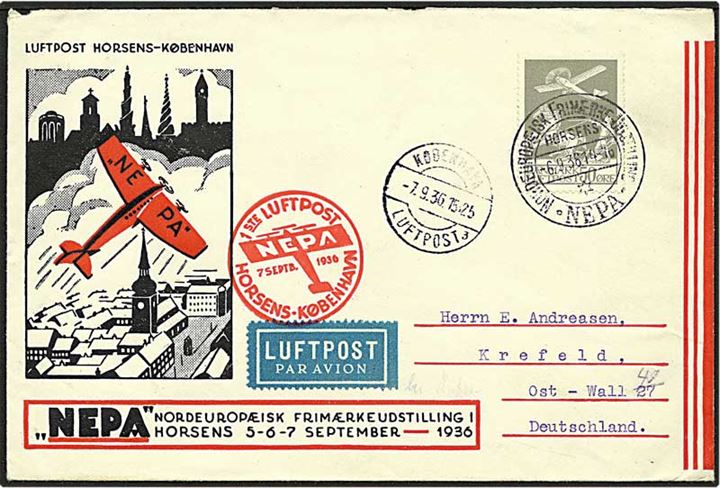 50 øre grå gammel luftpost på luftpostbrev fra København d. 6.9.1936 til Krefeld, Tyskland.