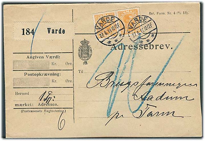 35 øre Chr. X i parstykke på adressebrev for pakke fra Varde d. 27.6.1919 til Tarm.
