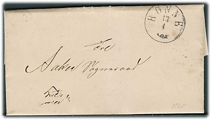 1868. Ufrankeret tjenestebrev K.T.m.A. med antiqua Rønne d. 13.4.1868 til Aaker Sogneraad. Fuldt indhold fra Bornholms Amt.