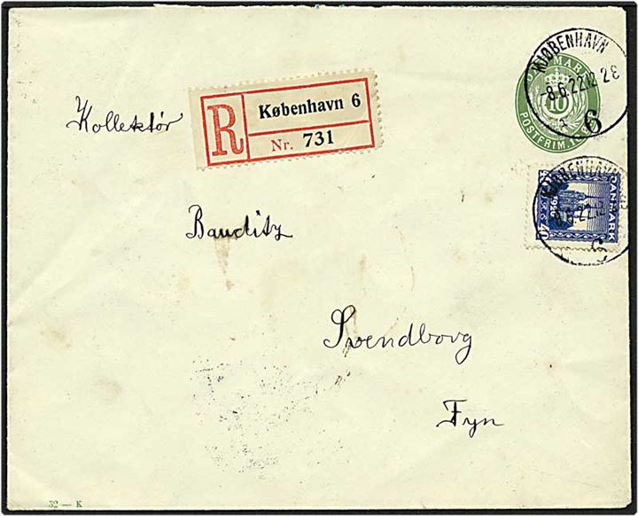 10 øre grøn Rec. helsag opfrankeret med 40 øre blå Roskilde Domkirke fra København d. 8.6.1922 til Svendborg.