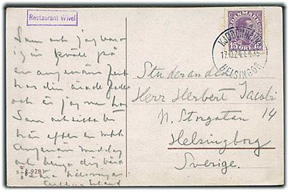 15 øre Chr. X på brevkort annulleret med bureaustempel Kjøbenhavn - Helsingør T.435 d. 17.10.1924 til Helsingborg, Sverige.