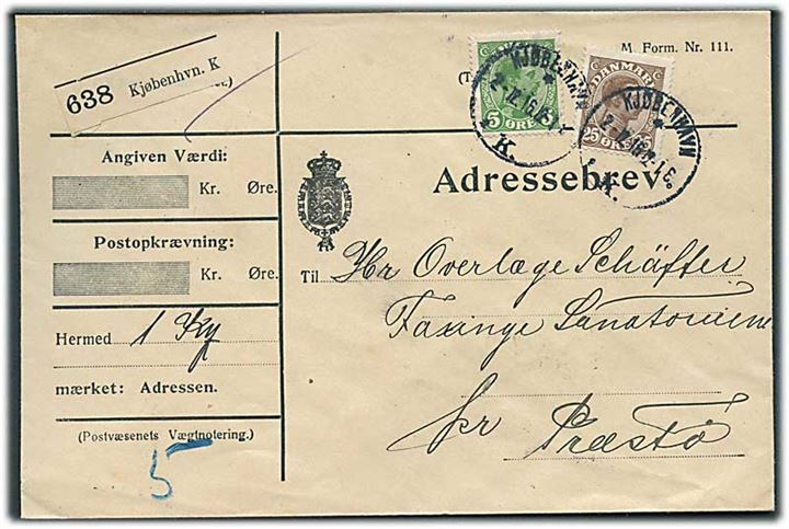 5 øre og 25 øre Chr. X på adressebrev for pakke fra Kjøbenhavn d. 2.12.1916 til Faxinge Sanatorium pr. Præstø.