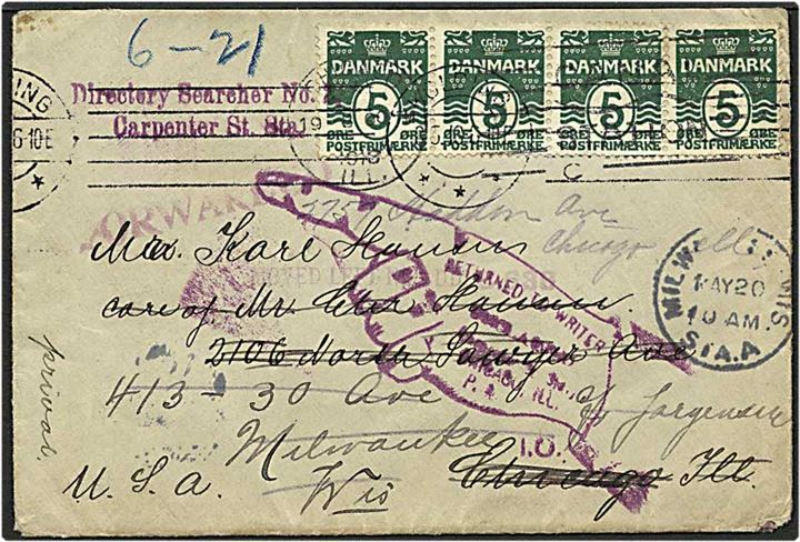 5 øre grøn bølgelinie på brev fra Kolding d. 8.5.1913 til Chicago, USA. Brevet er returneret.