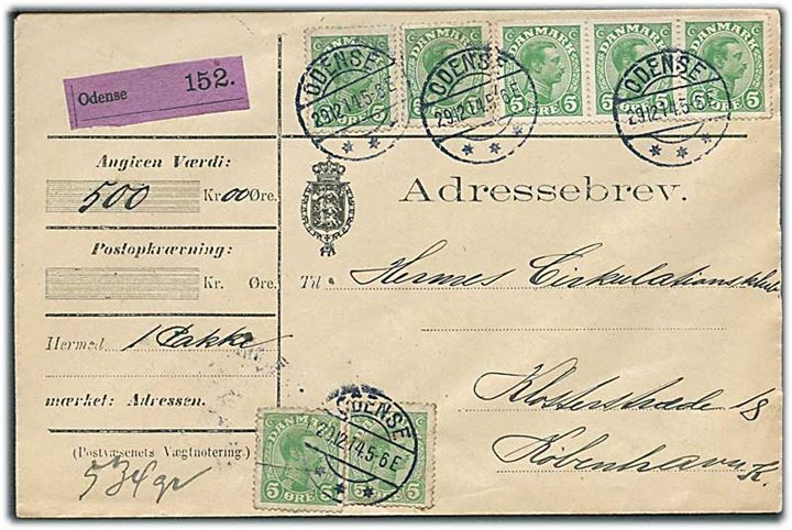 5 øre Chr. X (7) på adressebrev for værdipakke fra Odense d. 29.12.1914 til København. Flere mærker med små skader.