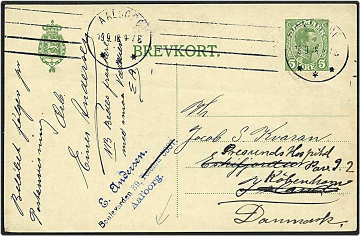 5 øre grøn Chr. X helsag fra Aalborg d. 19.9.1918 til Eskifjordur, Island. Kortet er returneret.