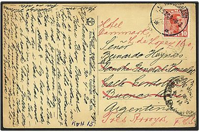 10 øre rød Chr. X på postkort fra København d. 1.5.1920 til Argentina. Kortet er omadresseret.