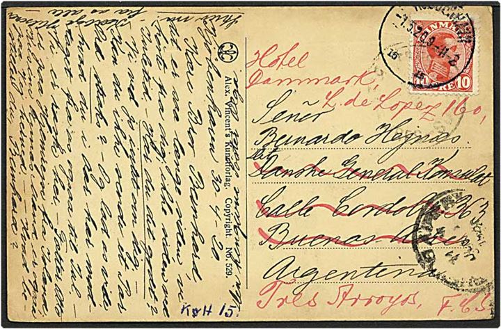 10 øre rød Chr. X på postkort fra København d. 1.5.1920 til Argentina. Kortet er omadresseret.
