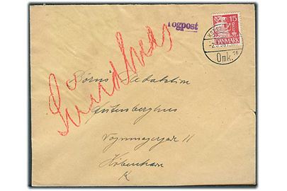 15 øre Karavel på brev stemplet København Omk d. 2.3.1938 og sidestemplet Togpost til København.