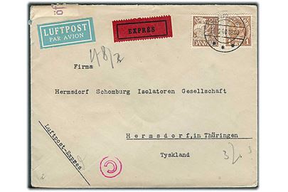 25 øre Karavel og 1 kr. Chr. X på luftpost ekspresbrev fra Charlottenlund d. 25.10.1940 til Hermsdorf, Tyskland. Åbnet af tysk censur i Berlin.