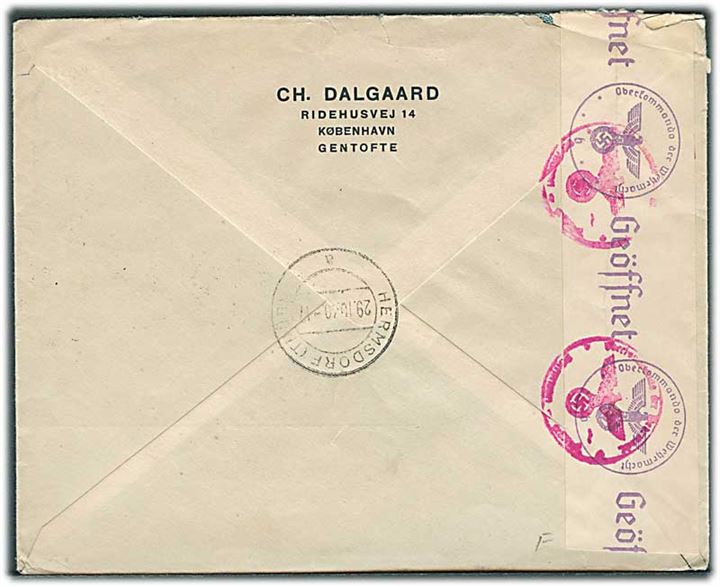 25 øre Karavel og 1 kr. Chr. X på luftpost ekspresbrev fra Charlottenlund d. 25.10.1940 til Hermsdorf, Tyskland. Åbnet af tysk censur i Berlin.