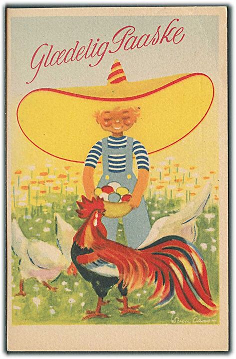 Sven Cass: Glædelig Paaske. Dreng med sombrero på hovedet og en skål fyldt med æg. Hanen står og foran. No. 4801. 