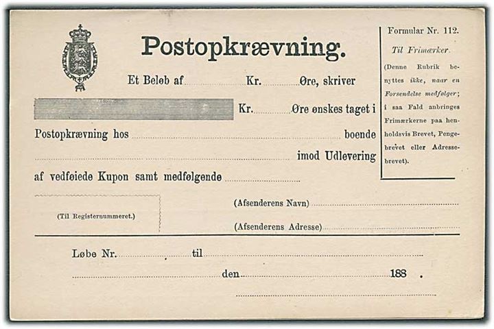 Postopkrævning formular Nr. 12 fra 1880'erne. Ubrugt.