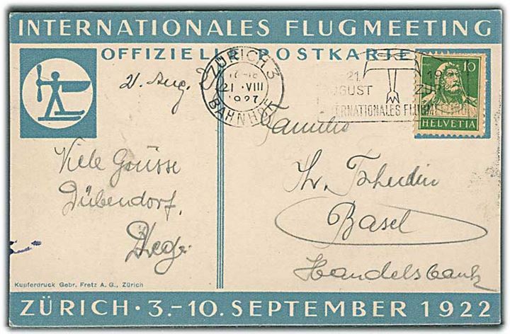 Geo Chaves og Oscar Bider i deres fly, Zürich 3-10 September 1922. Stemplet 1927. 